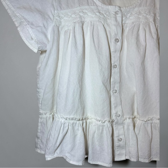 Jessica Simpson Cotton Lace Yoke Peplum Short-Sleeve Boho Button-Front Top S - Picture 5 of 6